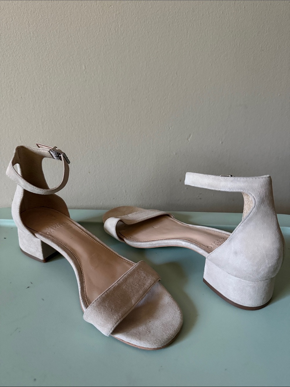 Vince Camuto Light Beige Suede Ankle-Strap Low Block Heels
